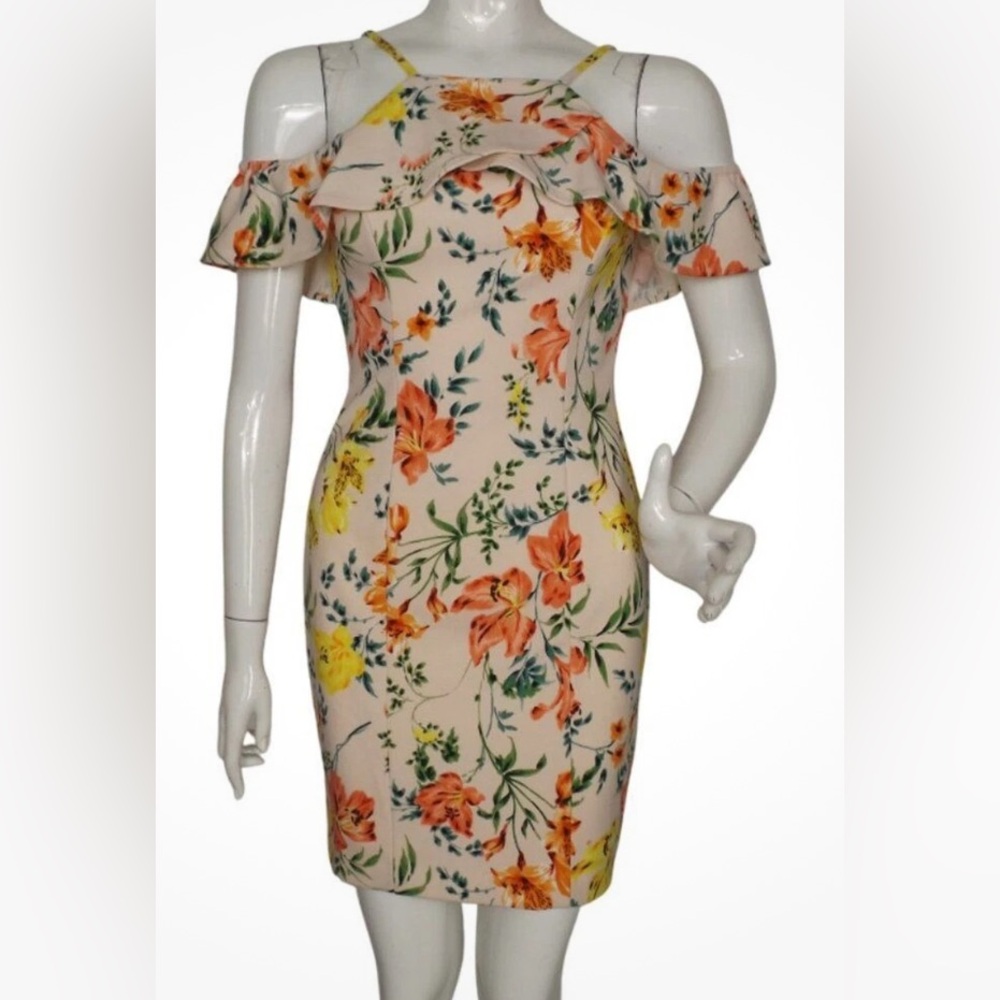 Guess Pink Floral Cold-Shoulder Flutter Sleeve Midi Dress